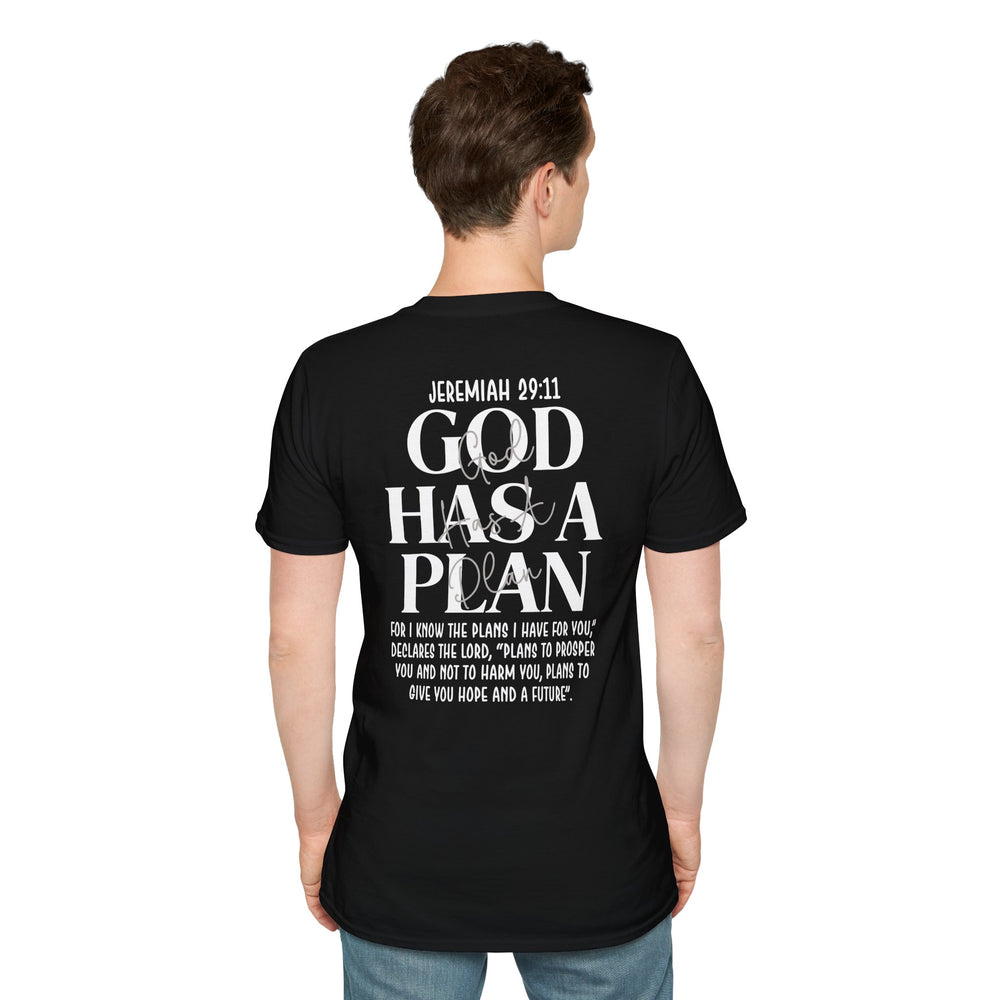 Man wearing the black Jeremiah 29:11 God Has a Plan T-shirt back view