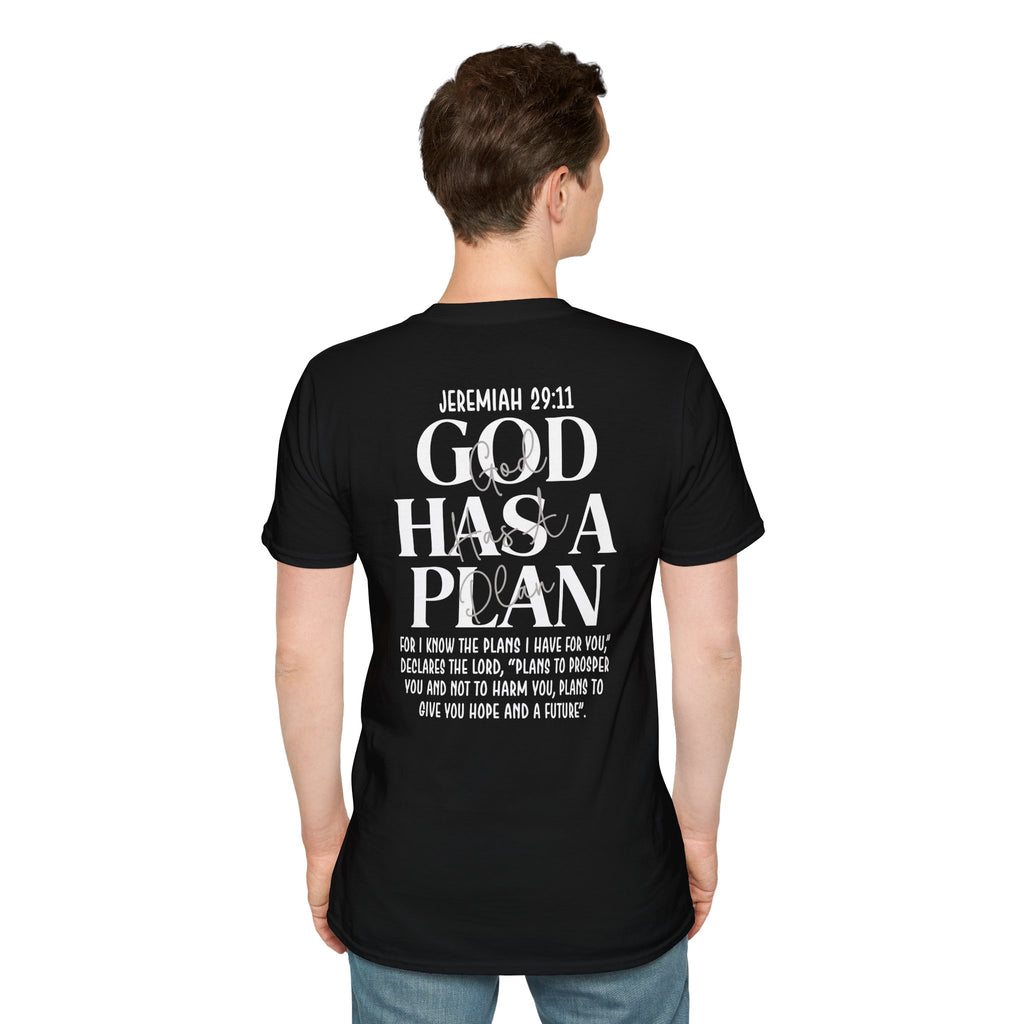 Man wearing the black Jeremiah 29:11 God Has a Plan T-shirt back view