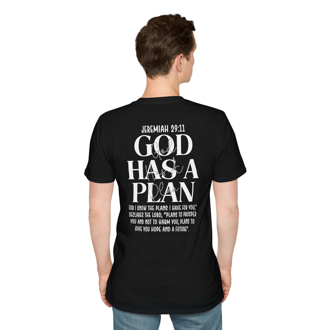 Man wearing the black Jeremiah 29:11 God Has a Plan T-shirt back view
