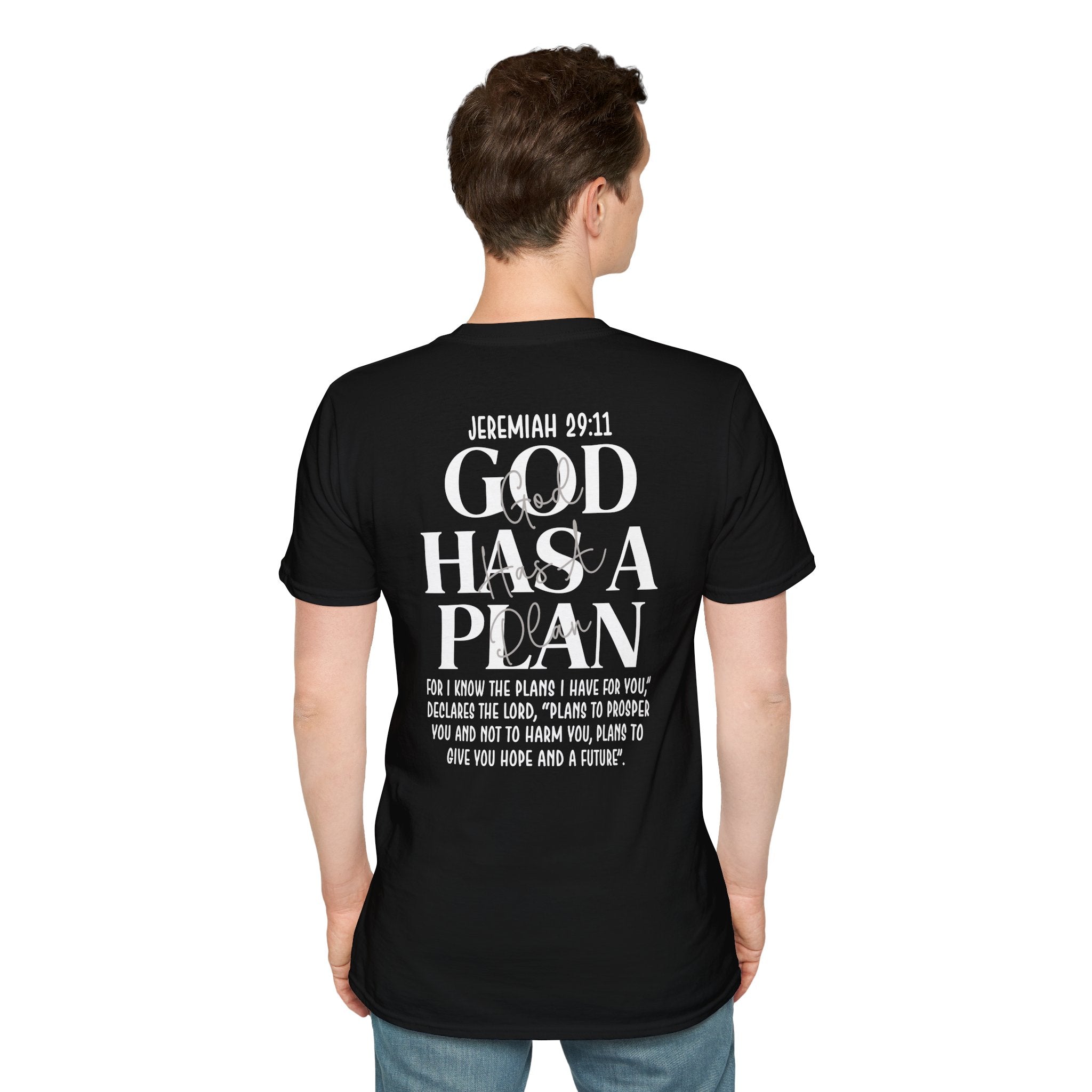 Man wearing the black Jeremiah 29:11 God Has a Plan T-shirt back view