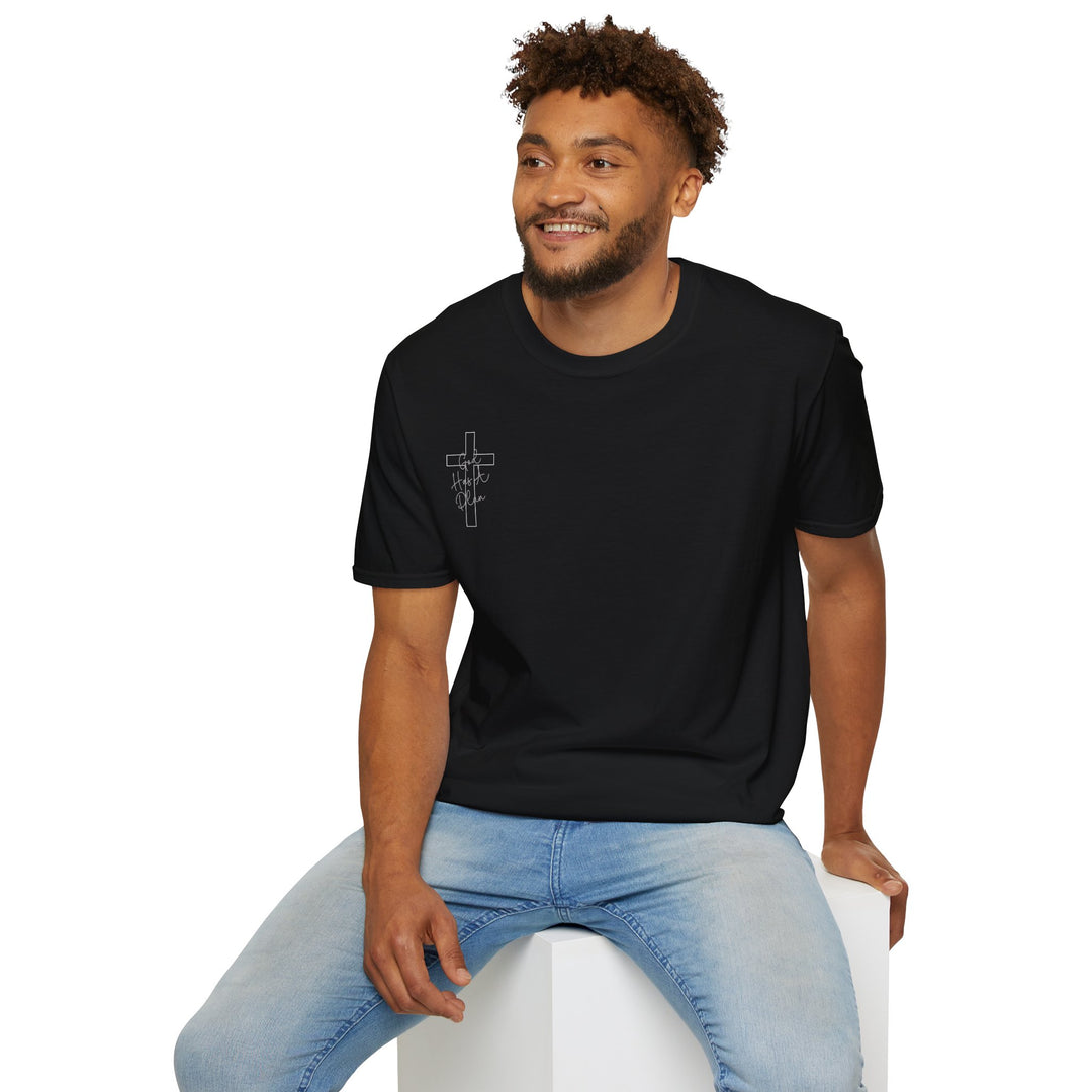 Man wearing the black Jeremiah 29:11 God Has a Plan T-shirt front view