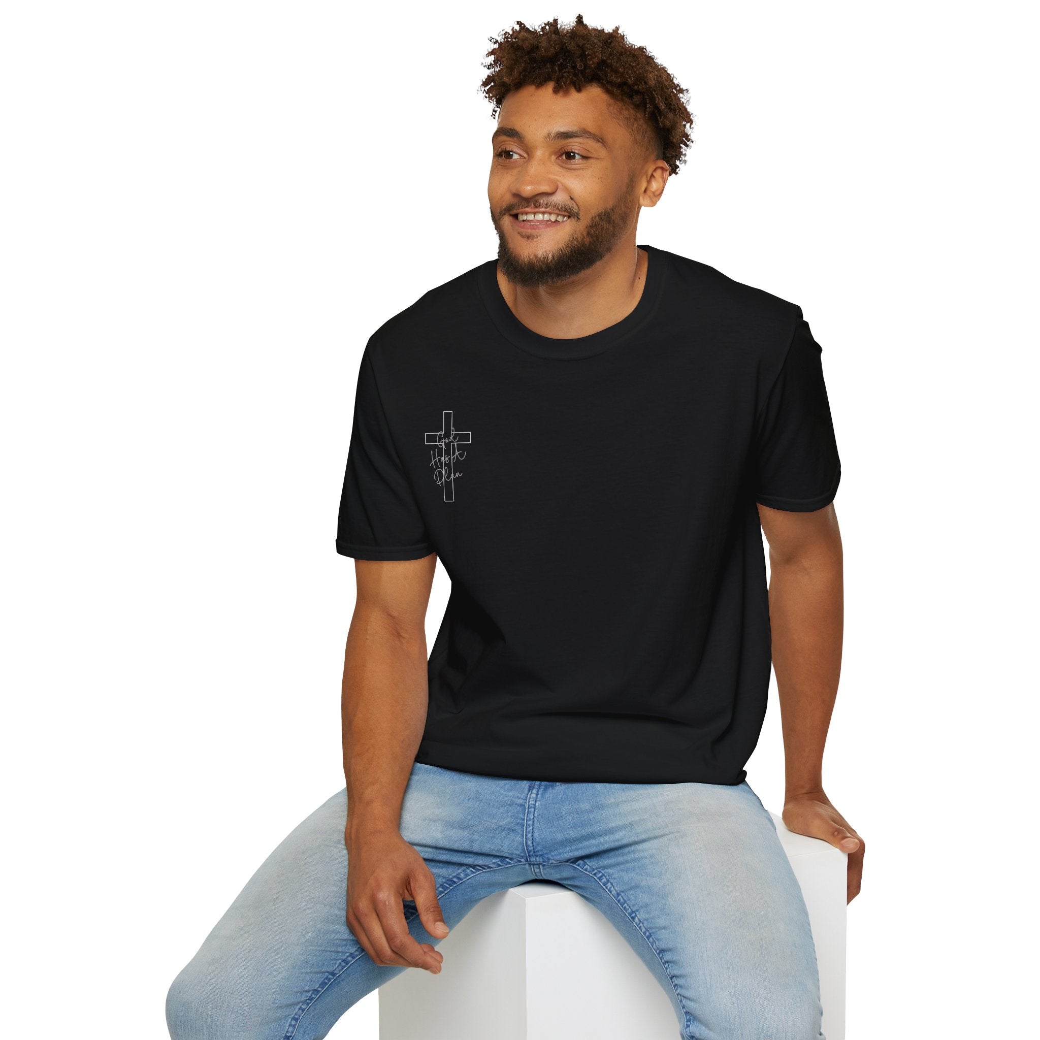 Man wearing the black Jeremiah 29:11 God Has a Plan T-shirt front view