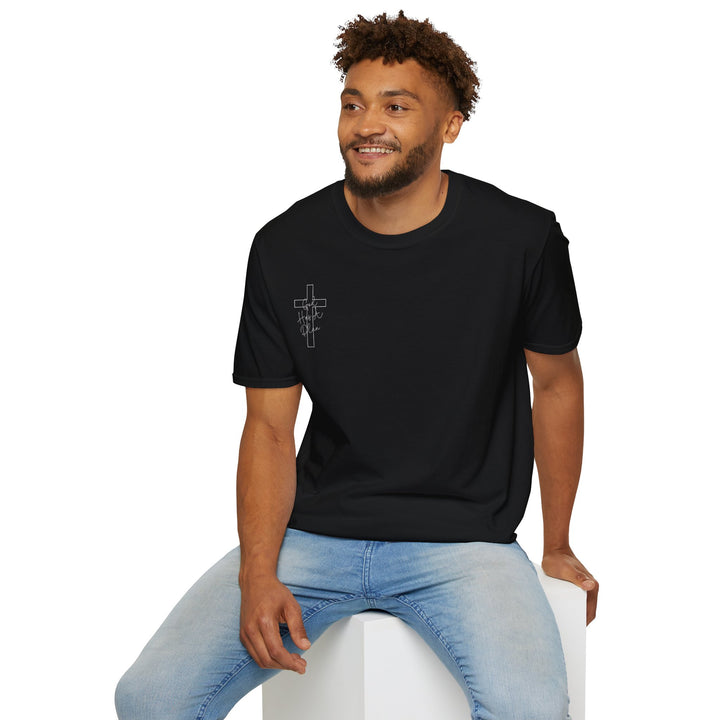 Man wearing the black Jeremiah 29:11 God Has a Plan T-shirt front view