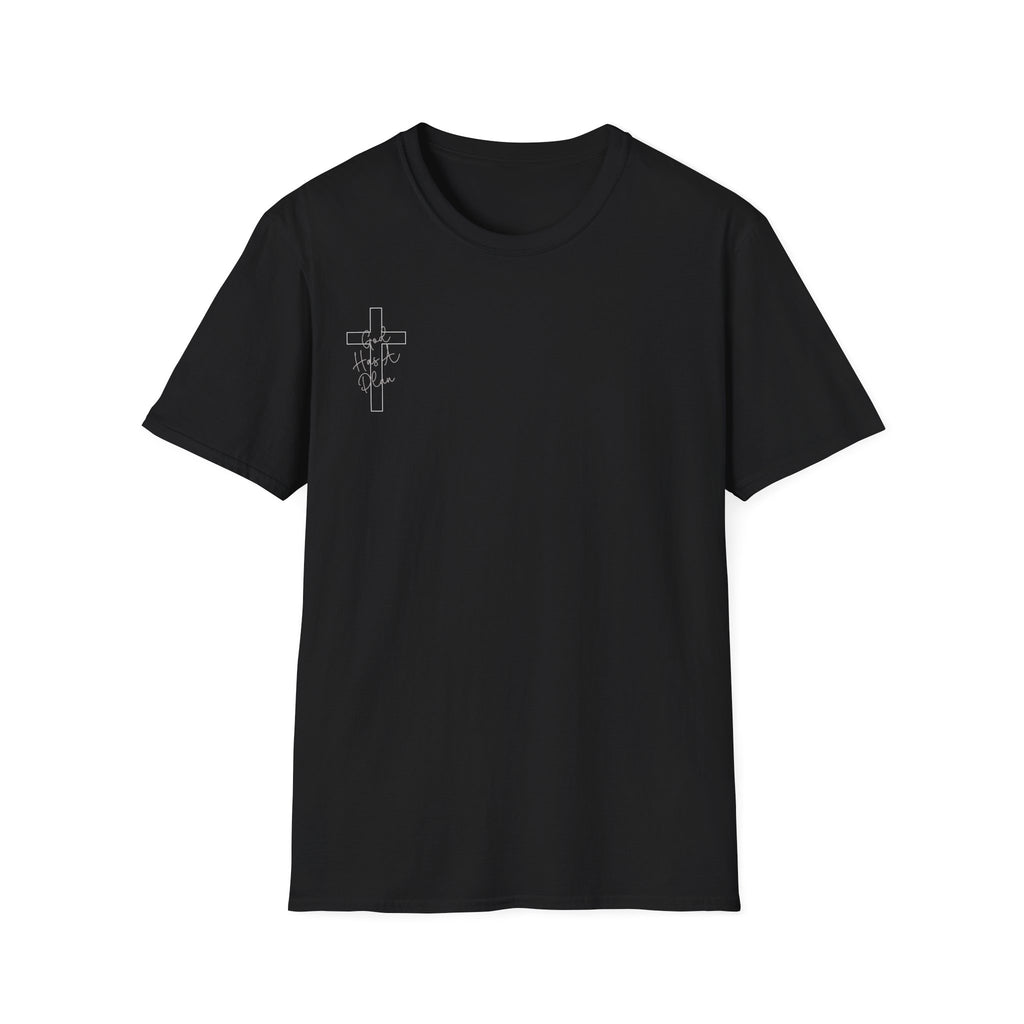 Black God Has a Plan Christian T-shirt front view with cross chest print