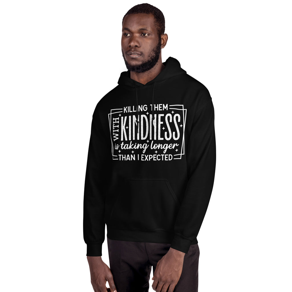 Man wearing Black Killing Them with Kindness hoodie, angled view