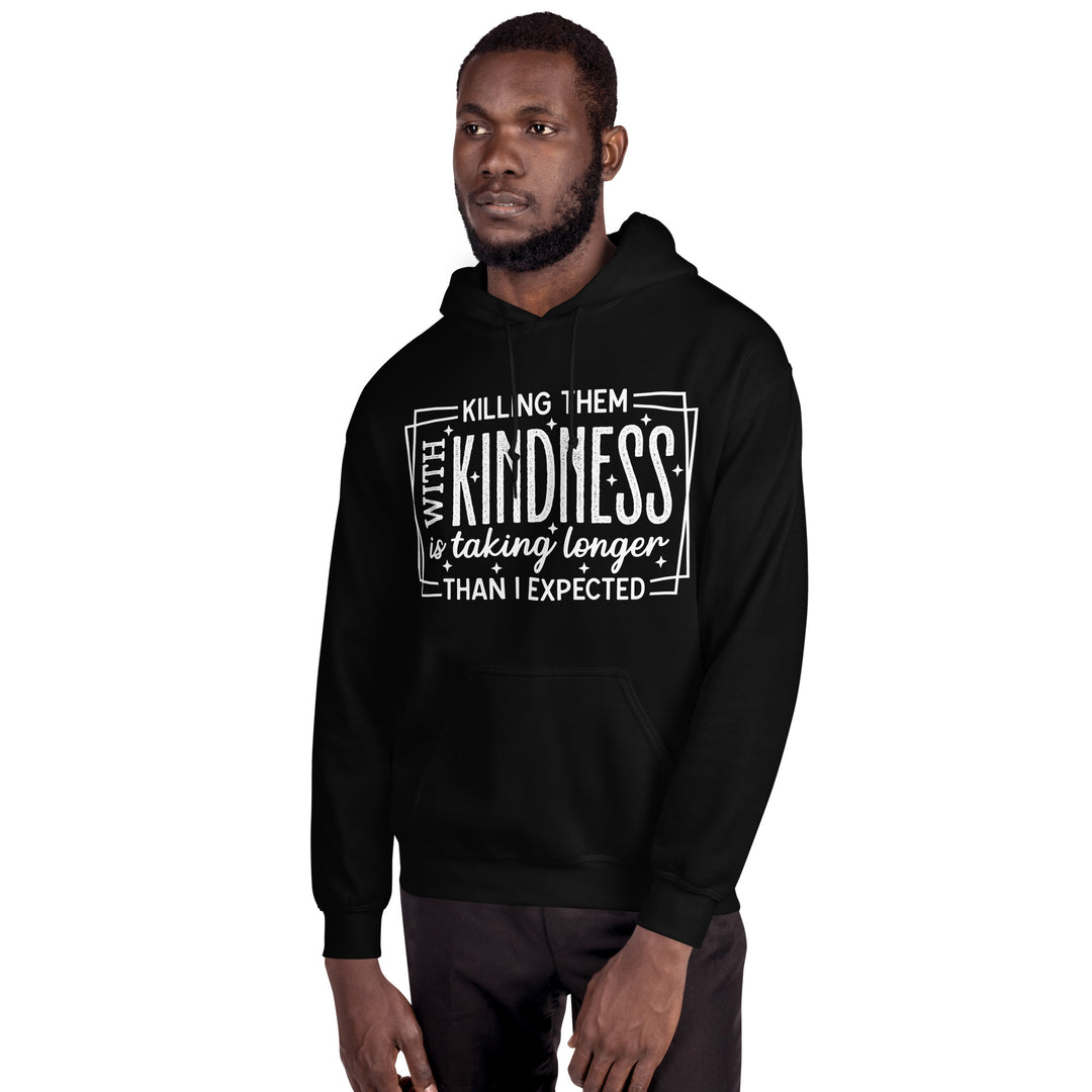 Man wearing Black Killing Them with Kindness hoodie, angled view