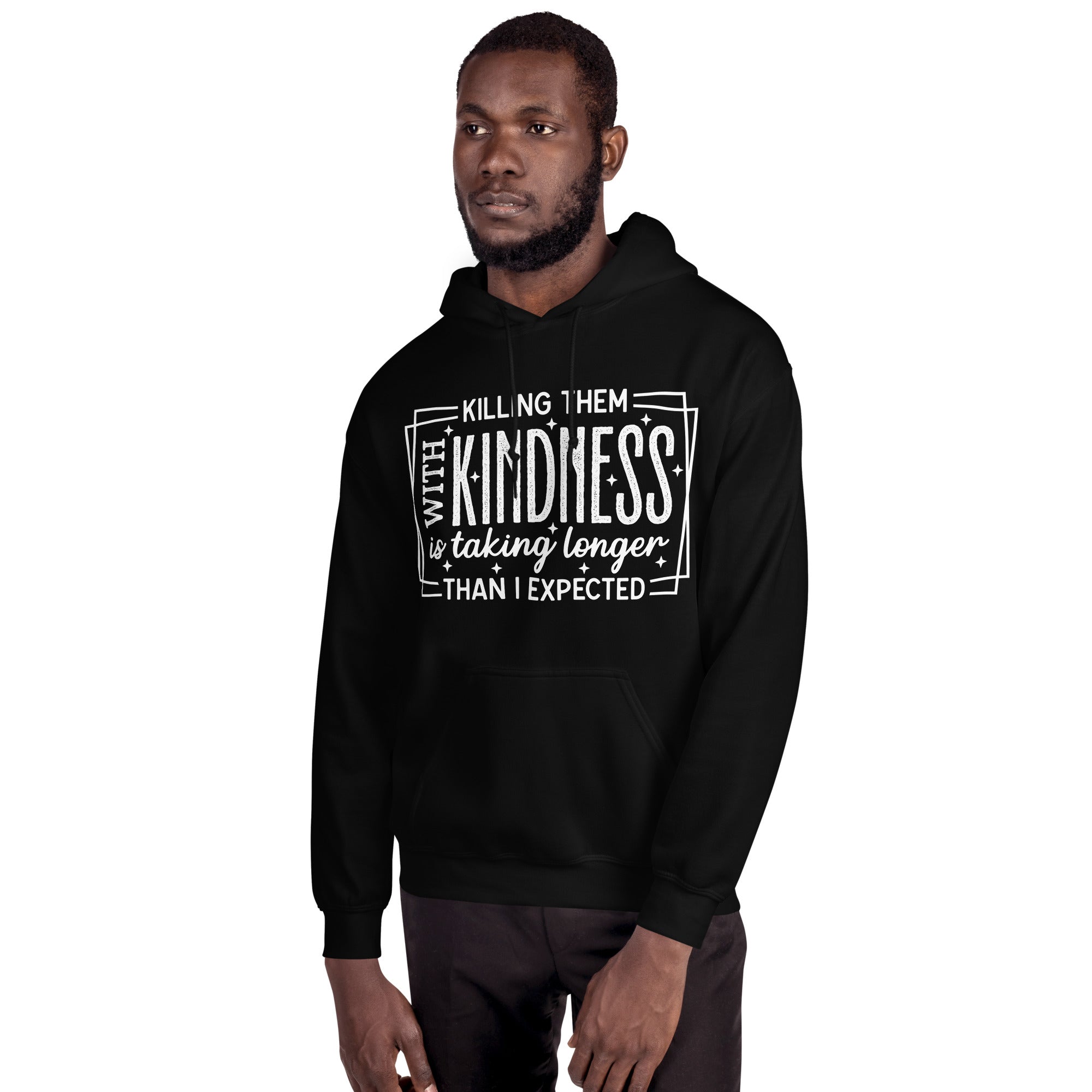 Man wearing Black Killing Them with Kindness hoodie, angled view