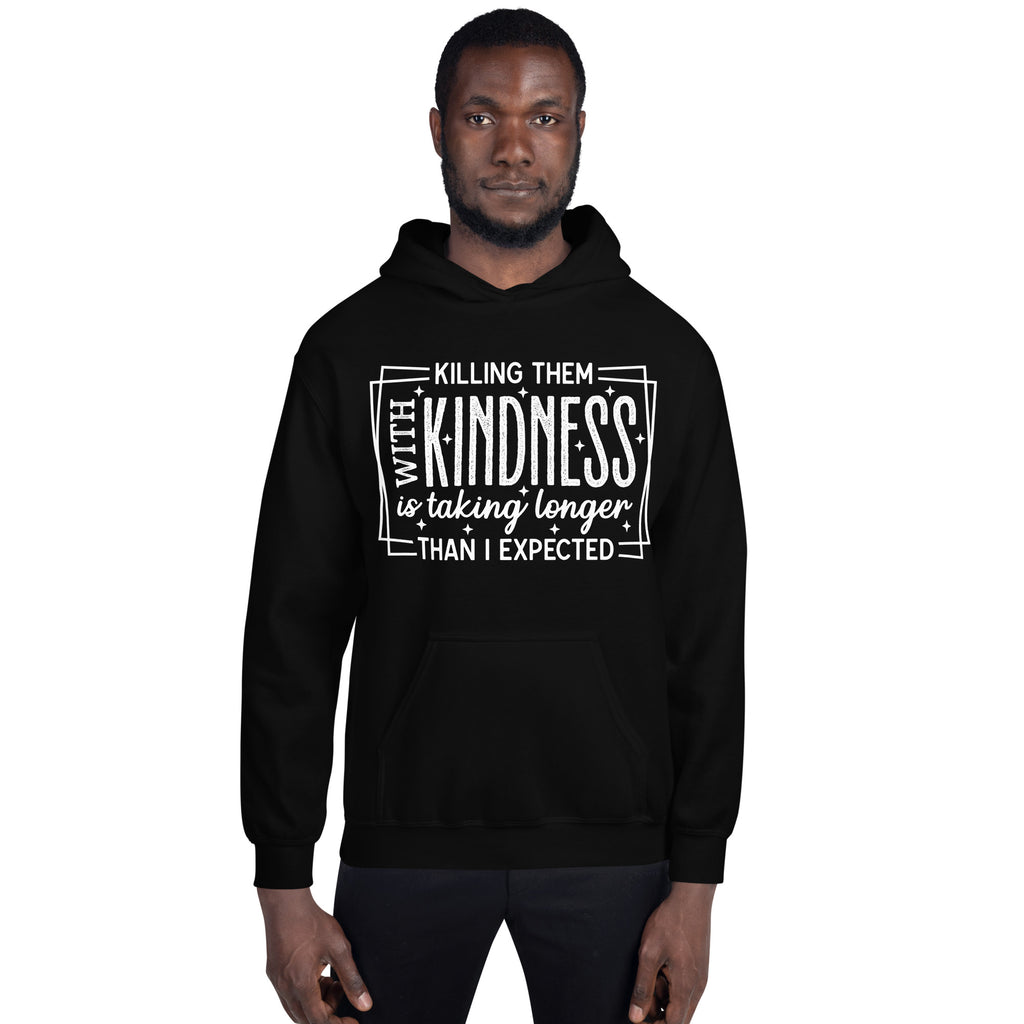 Man wearing Black Killing Them with Kindness hoodie, front view