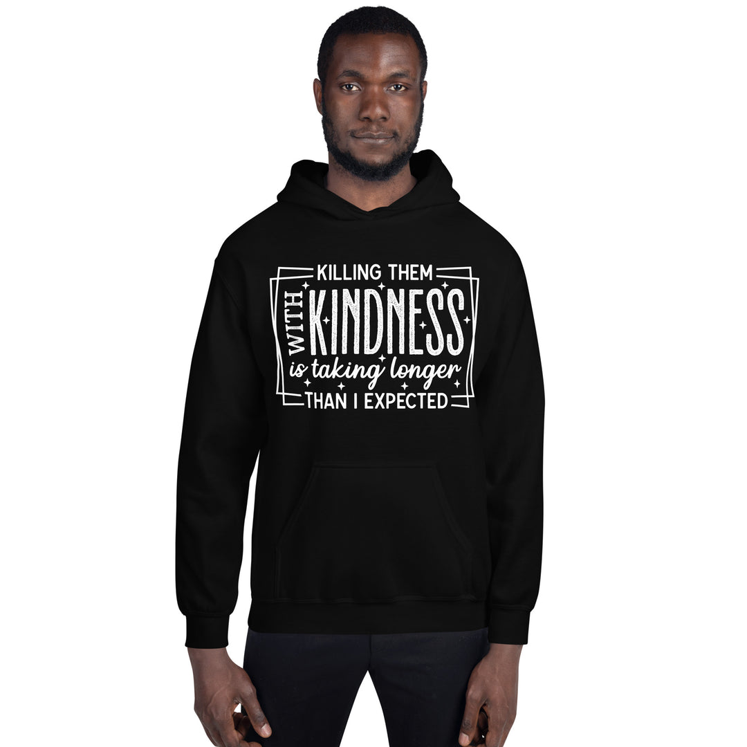 Man wearing Black Killing Them with Kindness hoodie, front view