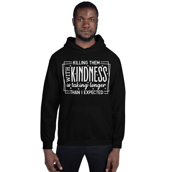 Man wearing Black Killing Them with Kindness hoodie, front view