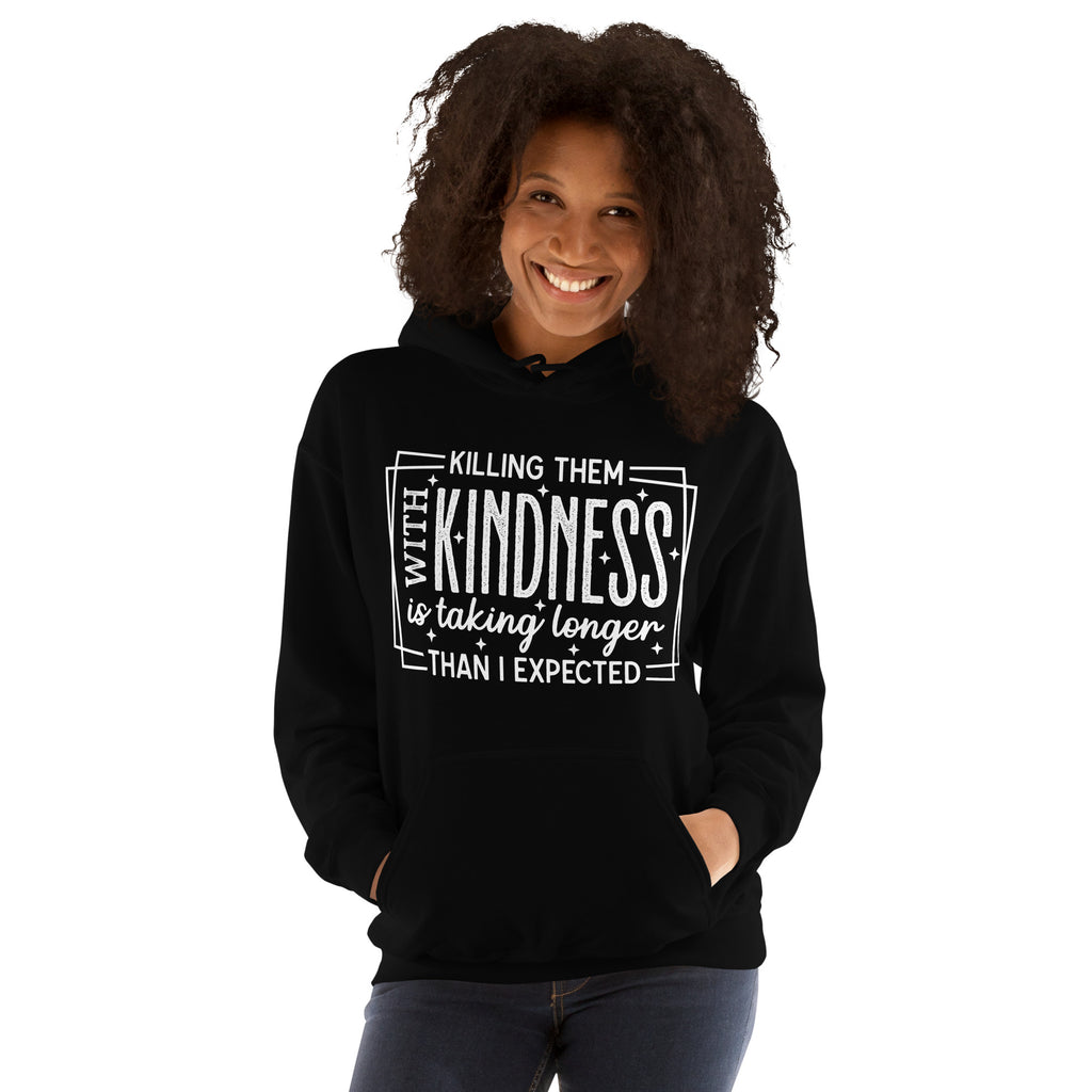 Woman wearing Black Killing Them with Kindness hoodie, front view