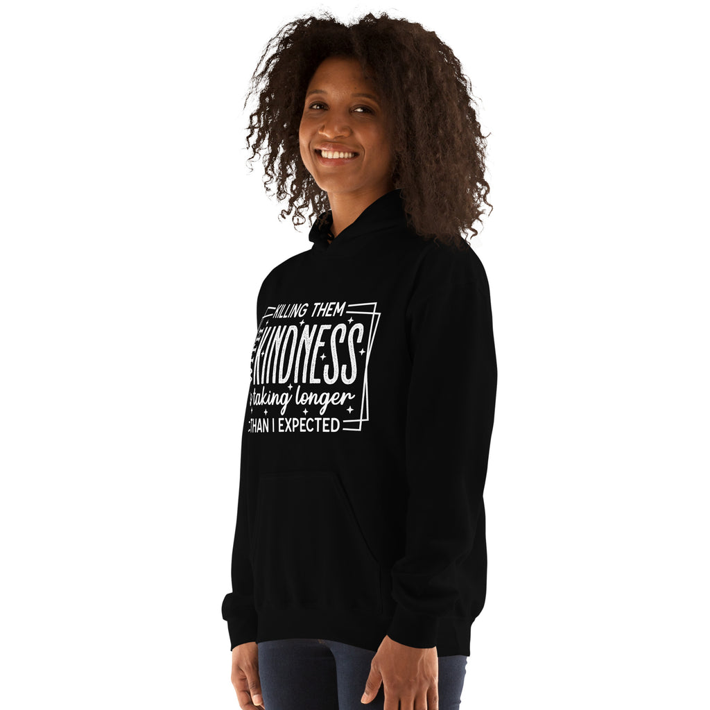 Woman wearing Black Killing Them with Kindness hoodie, left-front view
