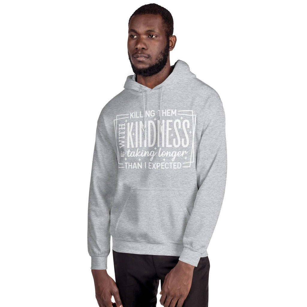 Man wearing Sport Grey Killing Them with Kindness hoodie, angled view