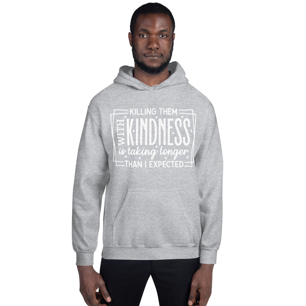 Man wearing Sport Grey Killing Them with Kindness hoodie, front view