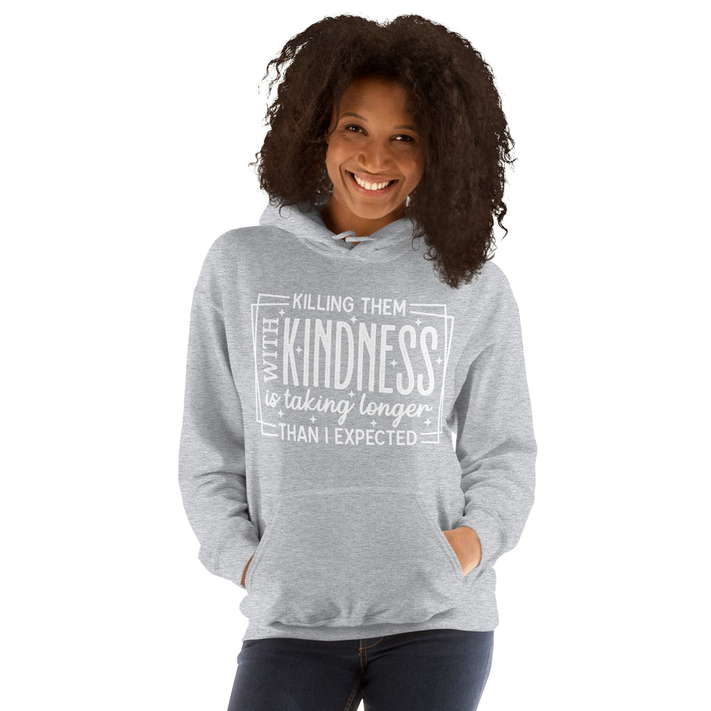 Woman wearing Sport Grey Killing Them with Kindness hoodie, front view