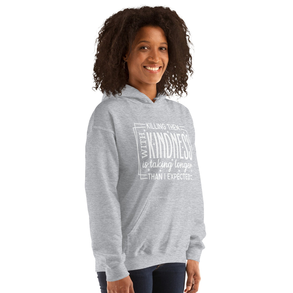 Woman wearing Sport Grey Killing Them with Kindness hoodie, right view