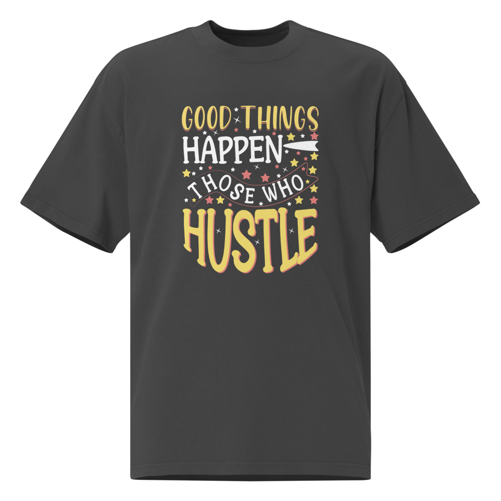 Good Things Happen positive message oversized T-shirt in faded black – front view