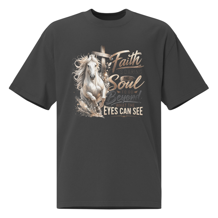 Faith Horse Cross Christian equestrian oversized T-shirt in faded black – front view