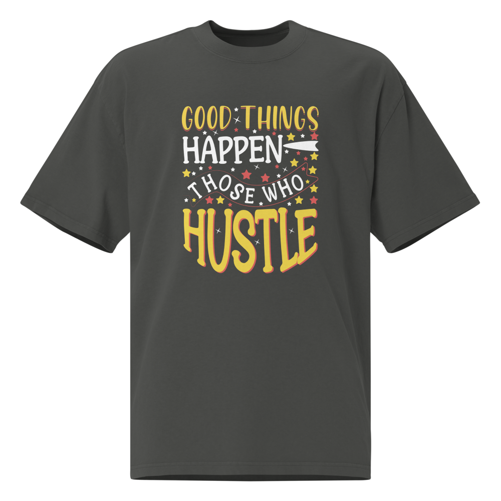 Good Things Happen positive message oversized T-shirt in faded coal – front view