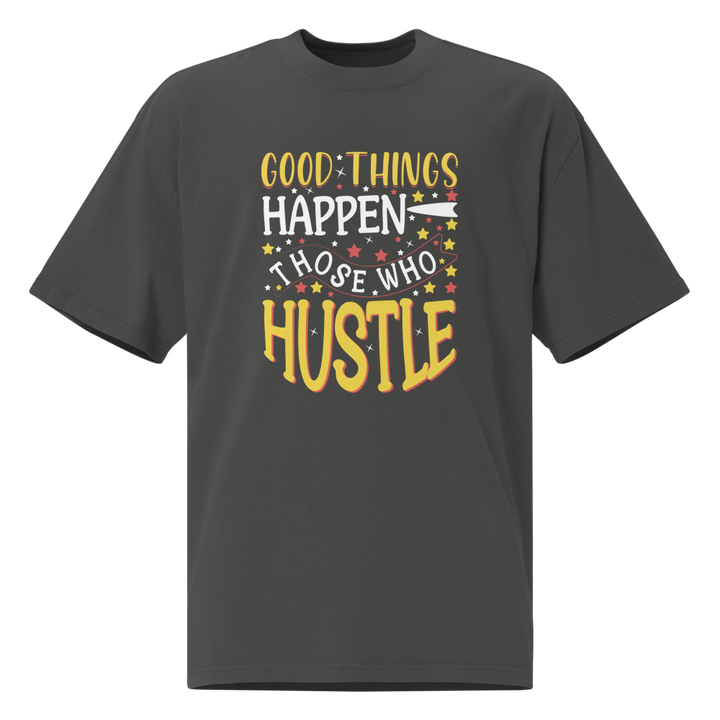 Good Things Happen positive message oversized T-shirt in faded coal – front view