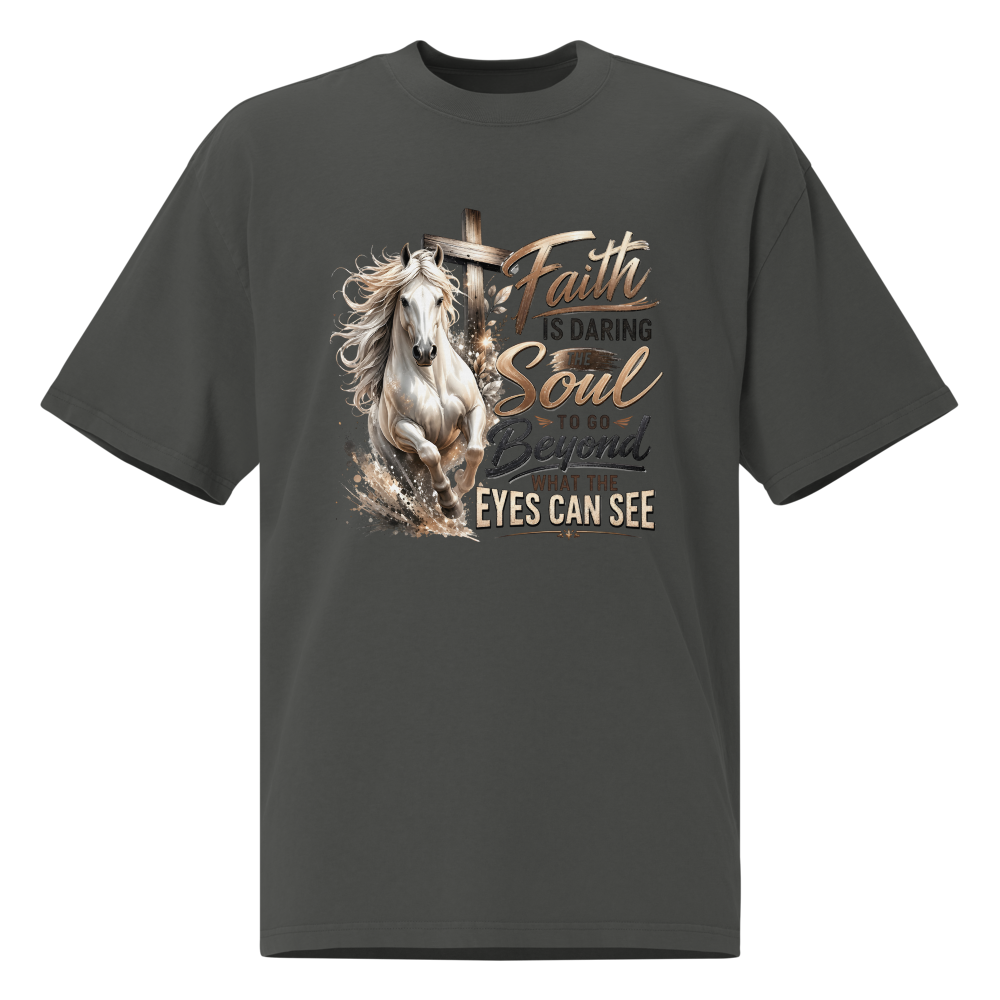 Faith Horse Cross Christian oversized T-shirt in faded coal – front view