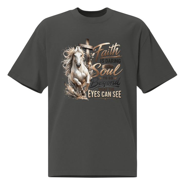 Faith Horse Cross Christian oversized T-shirt in faded coal – front view