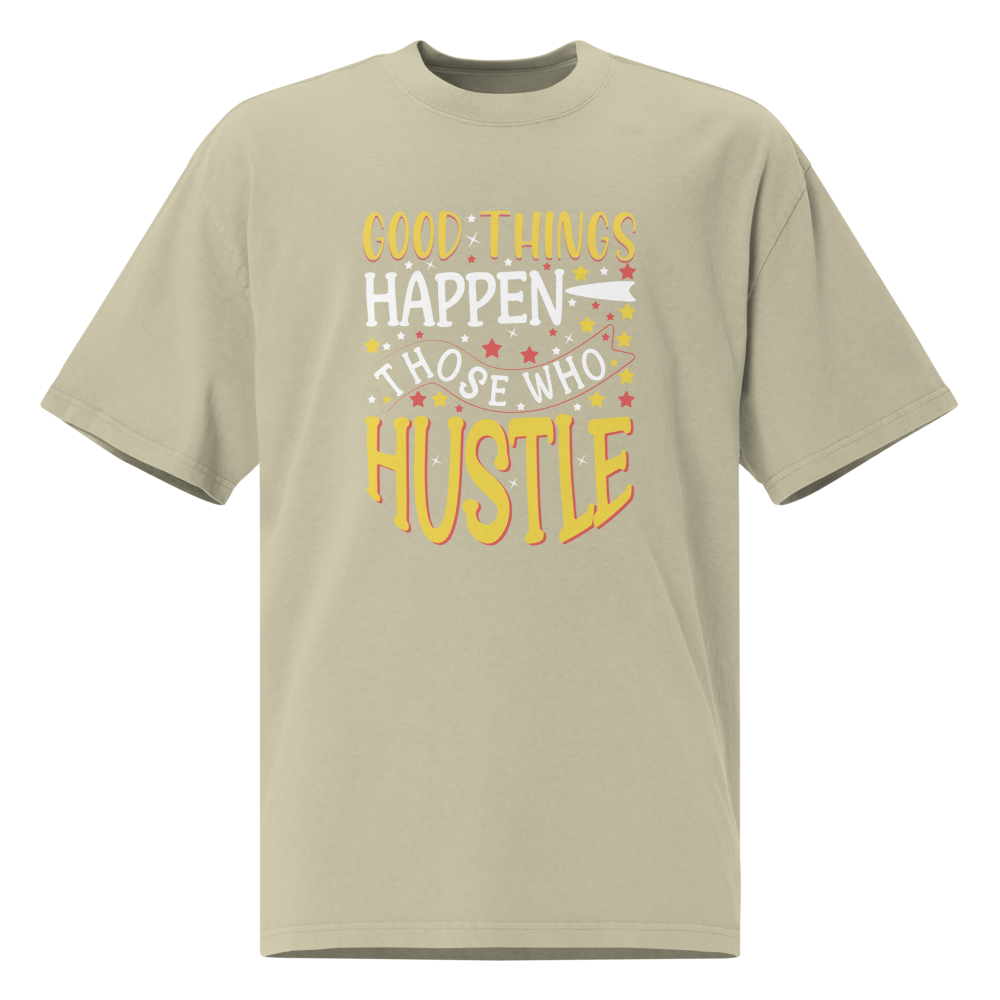 Good Things Happen positive message oversized T-shirt in faded eucalyptus – front view