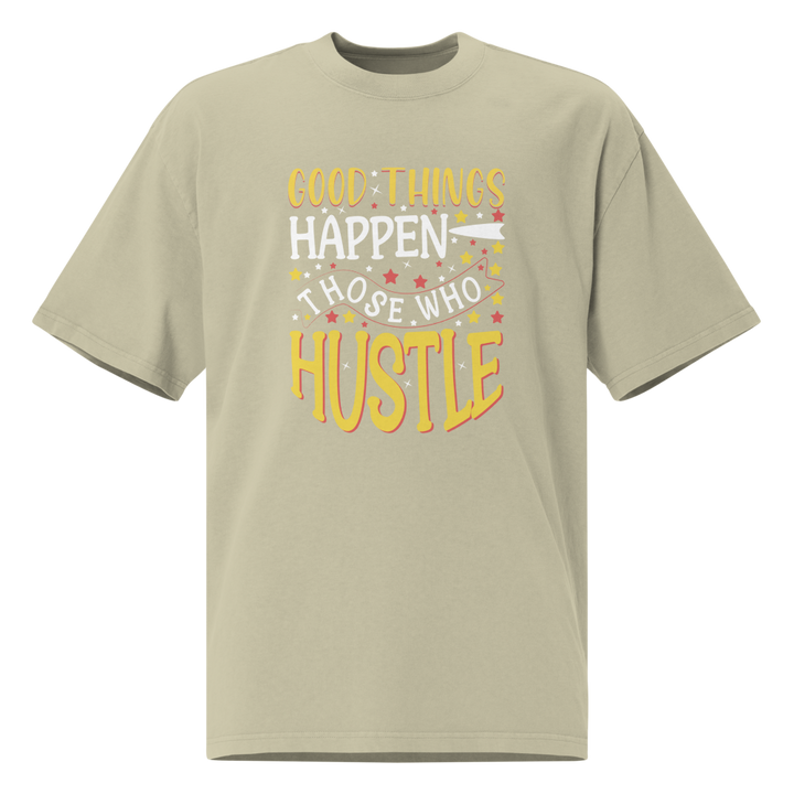 Good Things Happen positive message oversized T-shirt in faded eucalyptus – front view