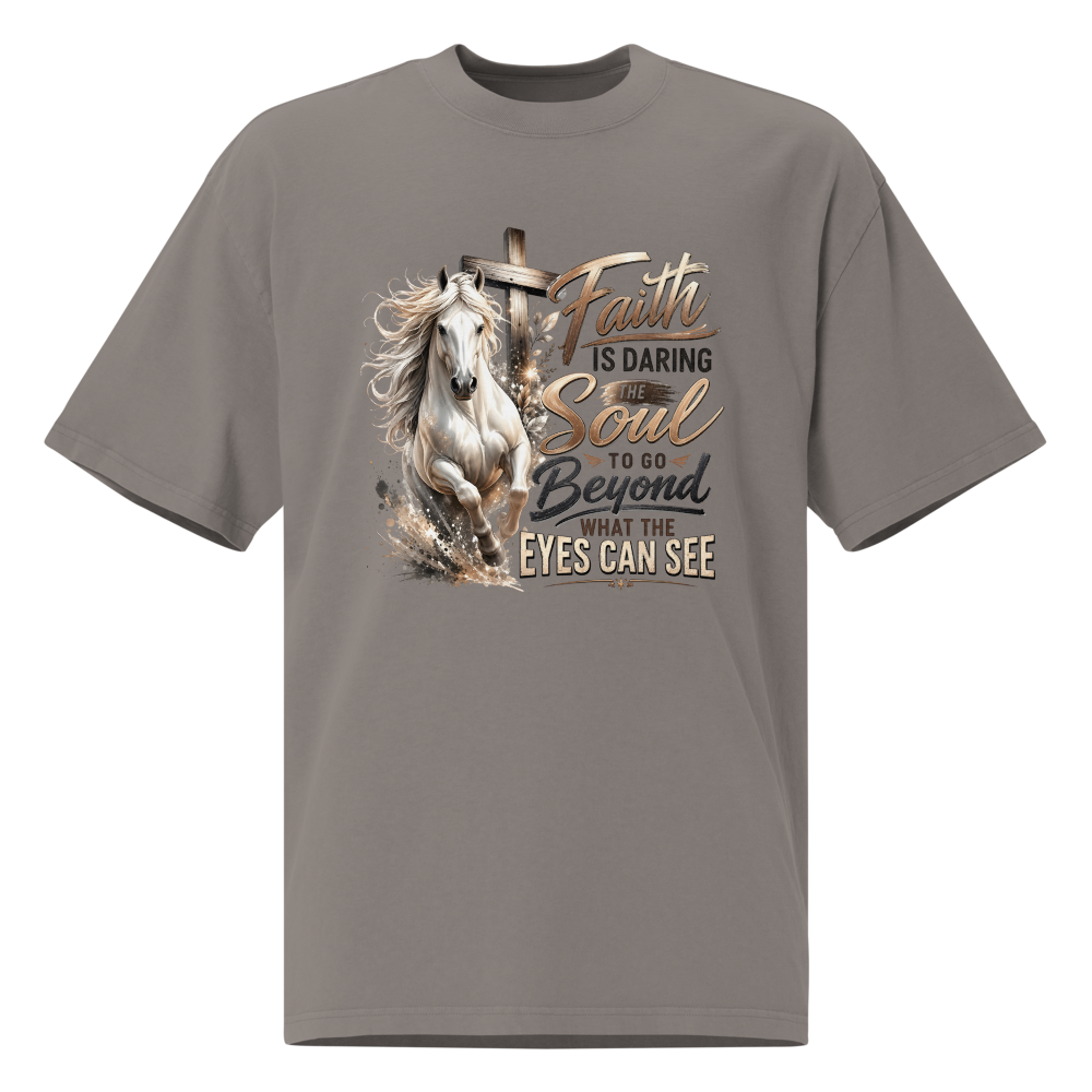 Faith Horse Cross Christian oversized T-shirt in faded grey – front view