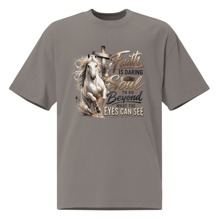 Faith Horse Cross Christian oversized T-shirt in faded grey – front view