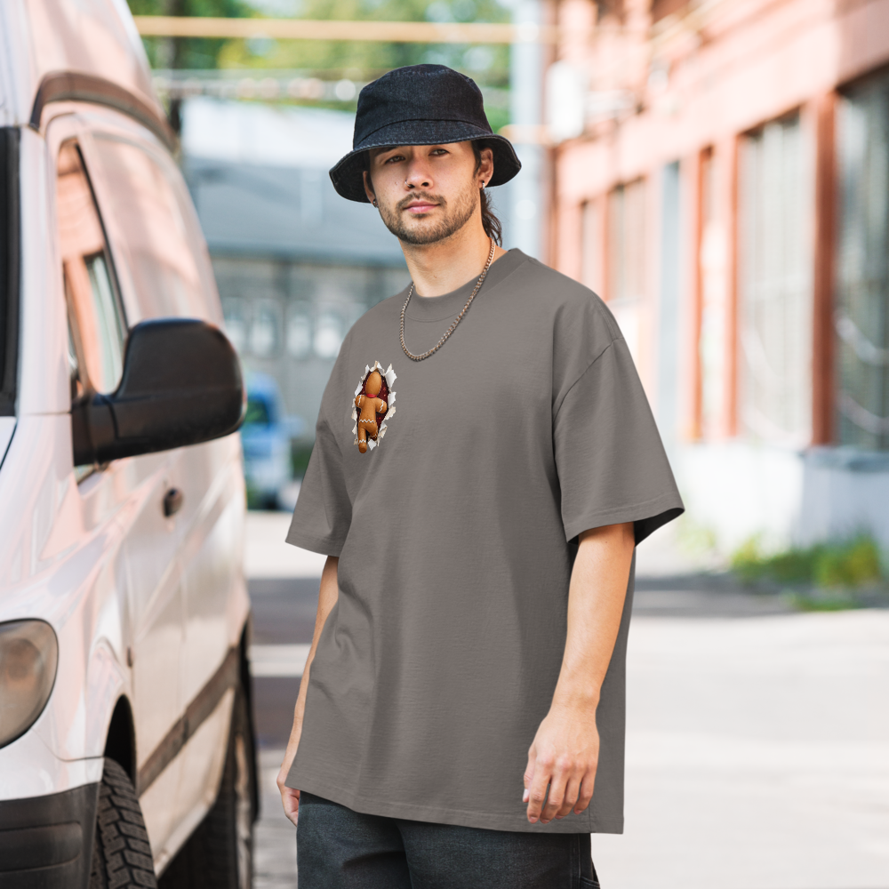 Gingerbread Man Christmas oversized T-shirt in faded grey – front view