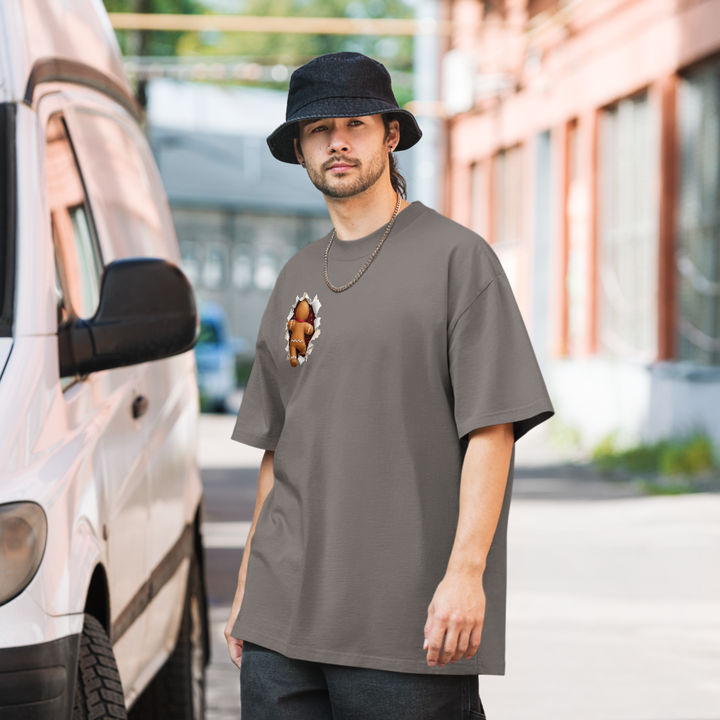 Gingerbread Man Christmas oversized T-shirt in faded grey – front view