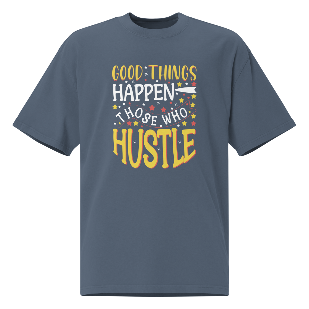Good Things Happen positive message oversized T-shirt in faded indigo – front view