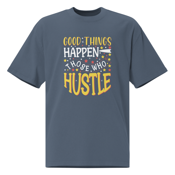 Good Things Happen positive message oversized T-shirt in faded indigo – front view