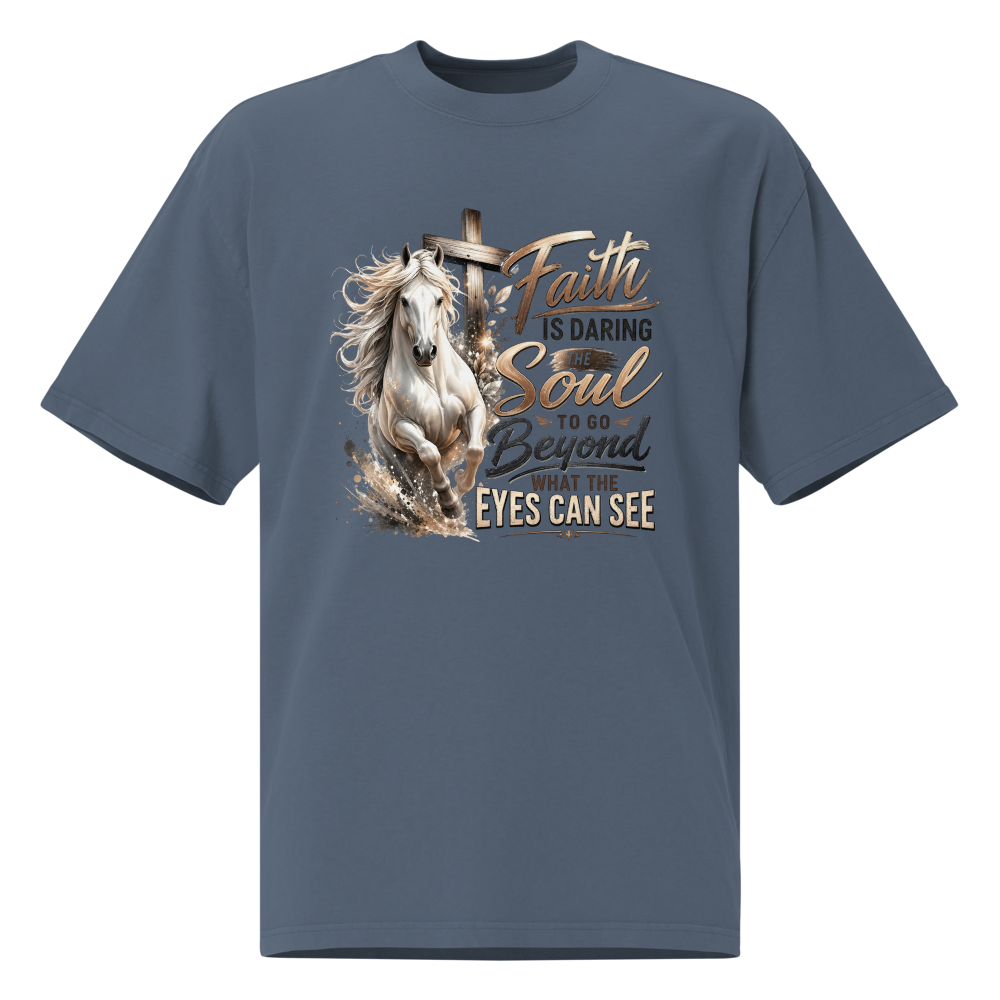Faith Horse Cross Christian oversized T-shirt in faded indigo – front view