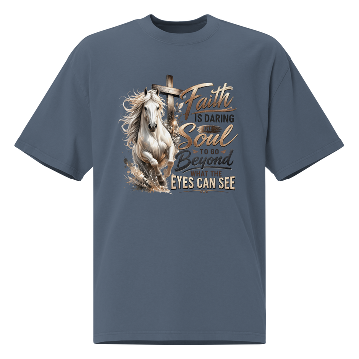 Faith Horse Cross Christian oversized T-shirt in faded indigo – front view