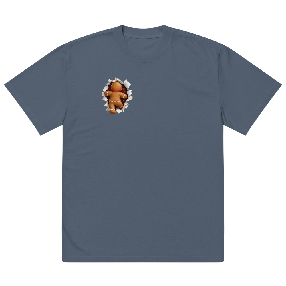 Gingerbread Man Christmas oversized T-shirt in faded indigo – front view