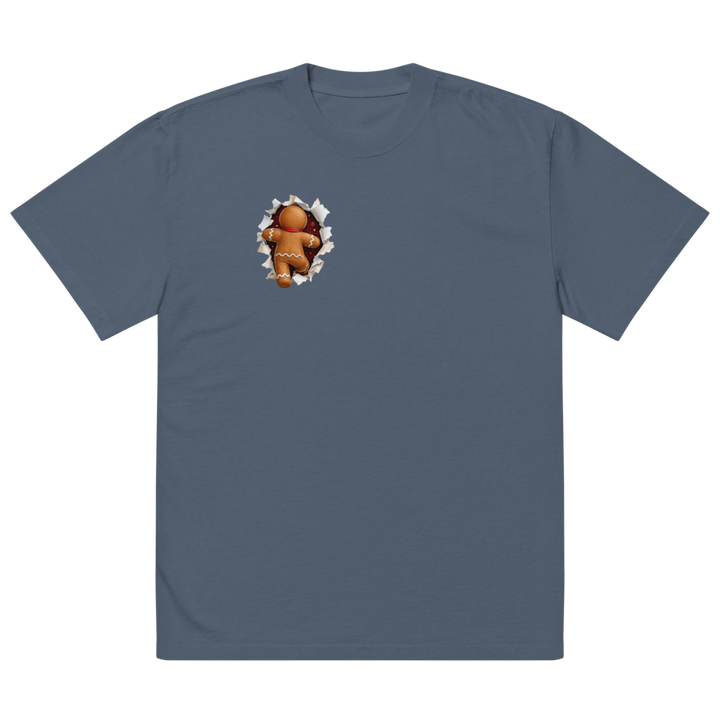 Gingerbread Man Christmas oversized T-shirt in faded indigo – front view