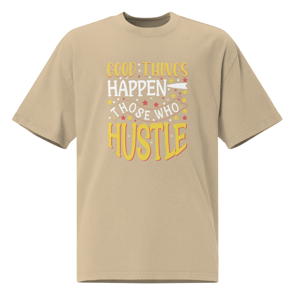 Good Things Happen positive message oversized T-shirt in faded khaki – front view