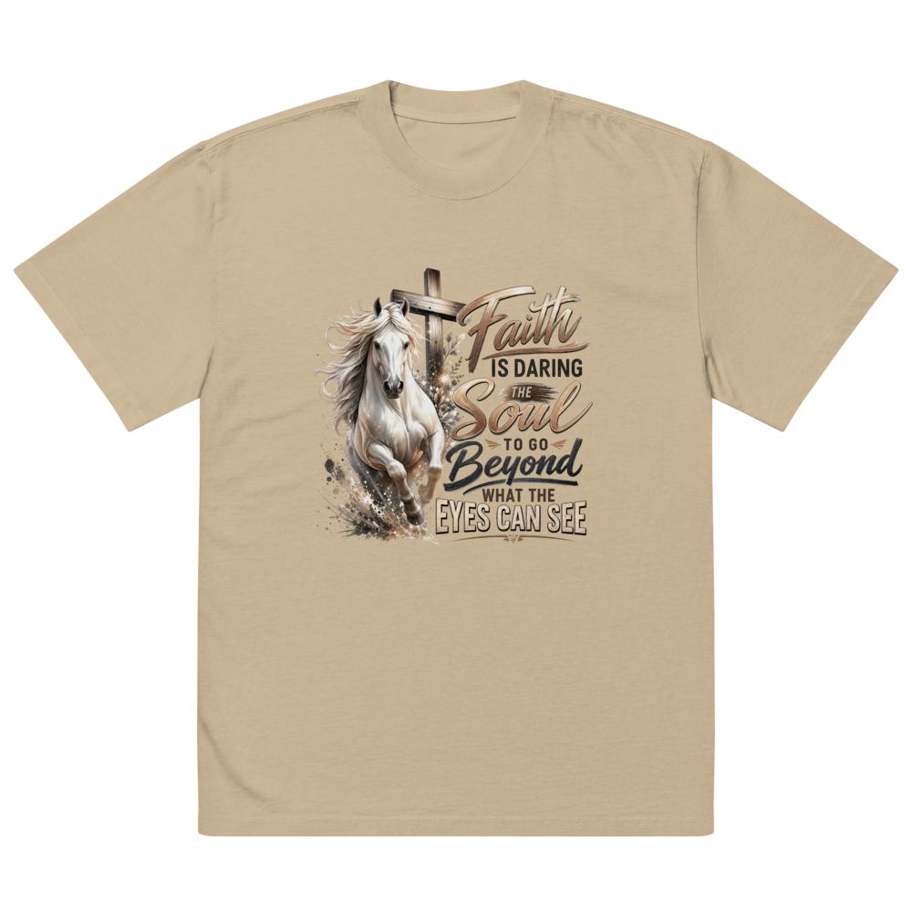 Faith Horse Cross Christian oversized T-shirt in faded khaki – front view