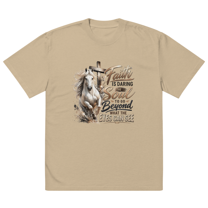 Faith Horse Cross Christian oversized T-shirt in faded khaki – front view