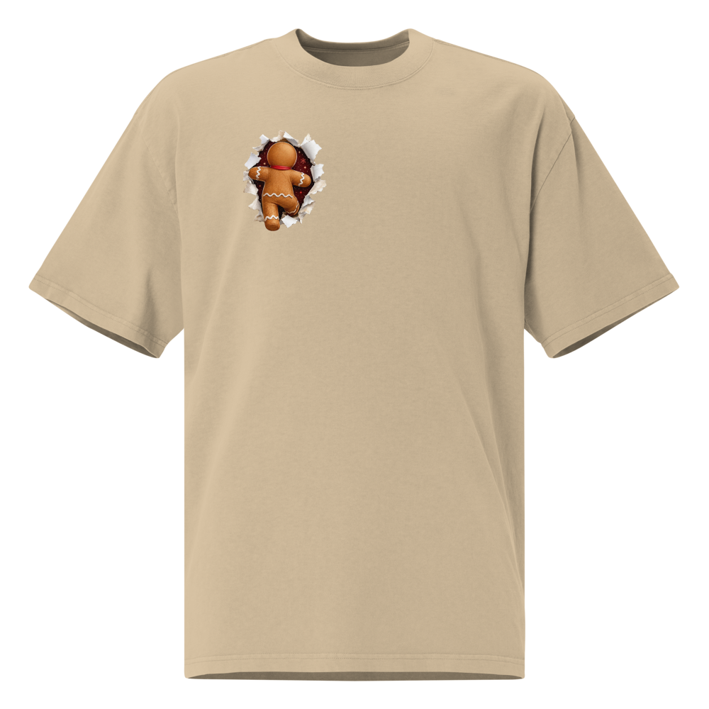 Gingerbread Man Christmas oversized T-shirt in faded khaki – front view