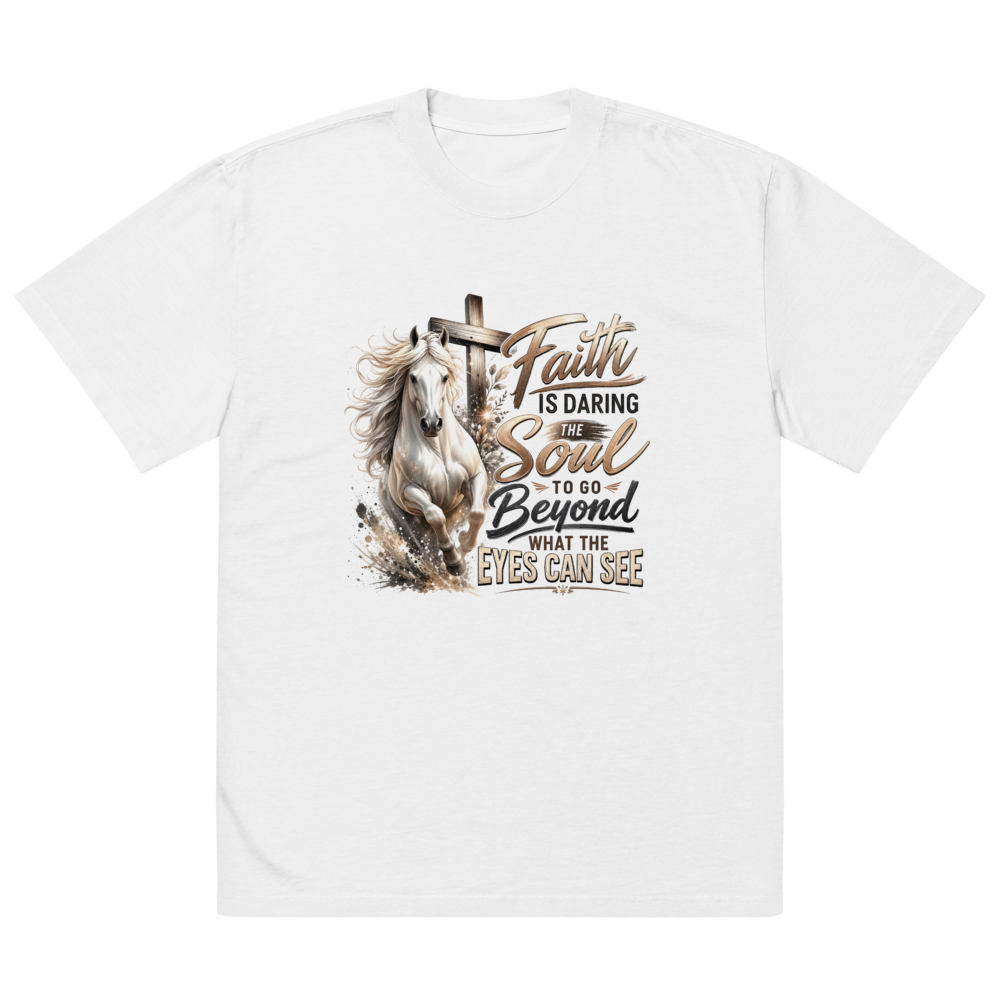 Faith Horse Cross Christian oversized T-shirt in faded white – front view