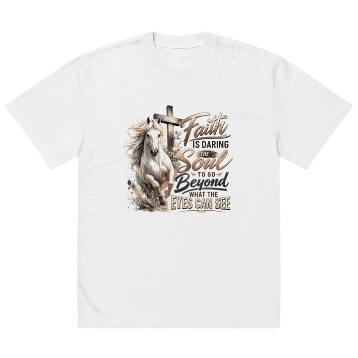 Faith Horse Cross Christian oversized T-shirt in faded white – front view