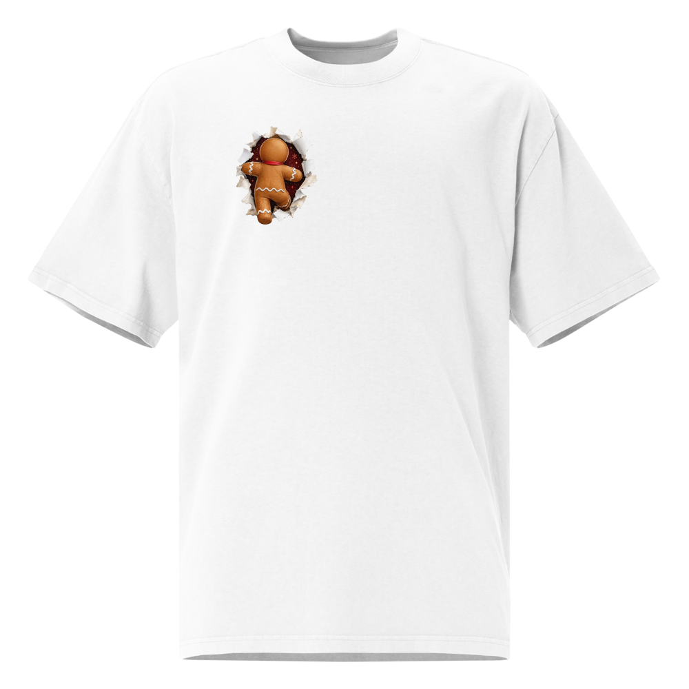 Gingerbread Man Christmas oversized T-shirt in faded white – front view