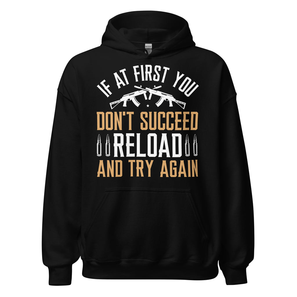 Black Reload and Try Again graphic hoodie, front view