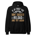 Black Reload and Try Again graphic hoodie, front view