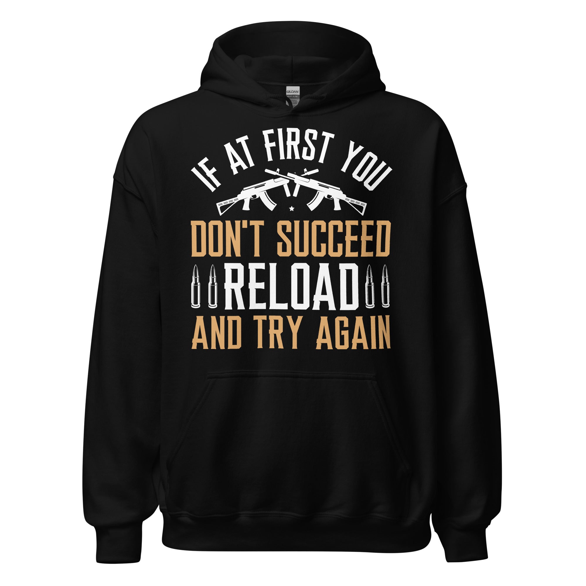 Black Reload and Try Again graphic hoodie, front view