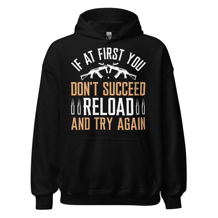 Black Reload and Try Again graphic hoodie, front view