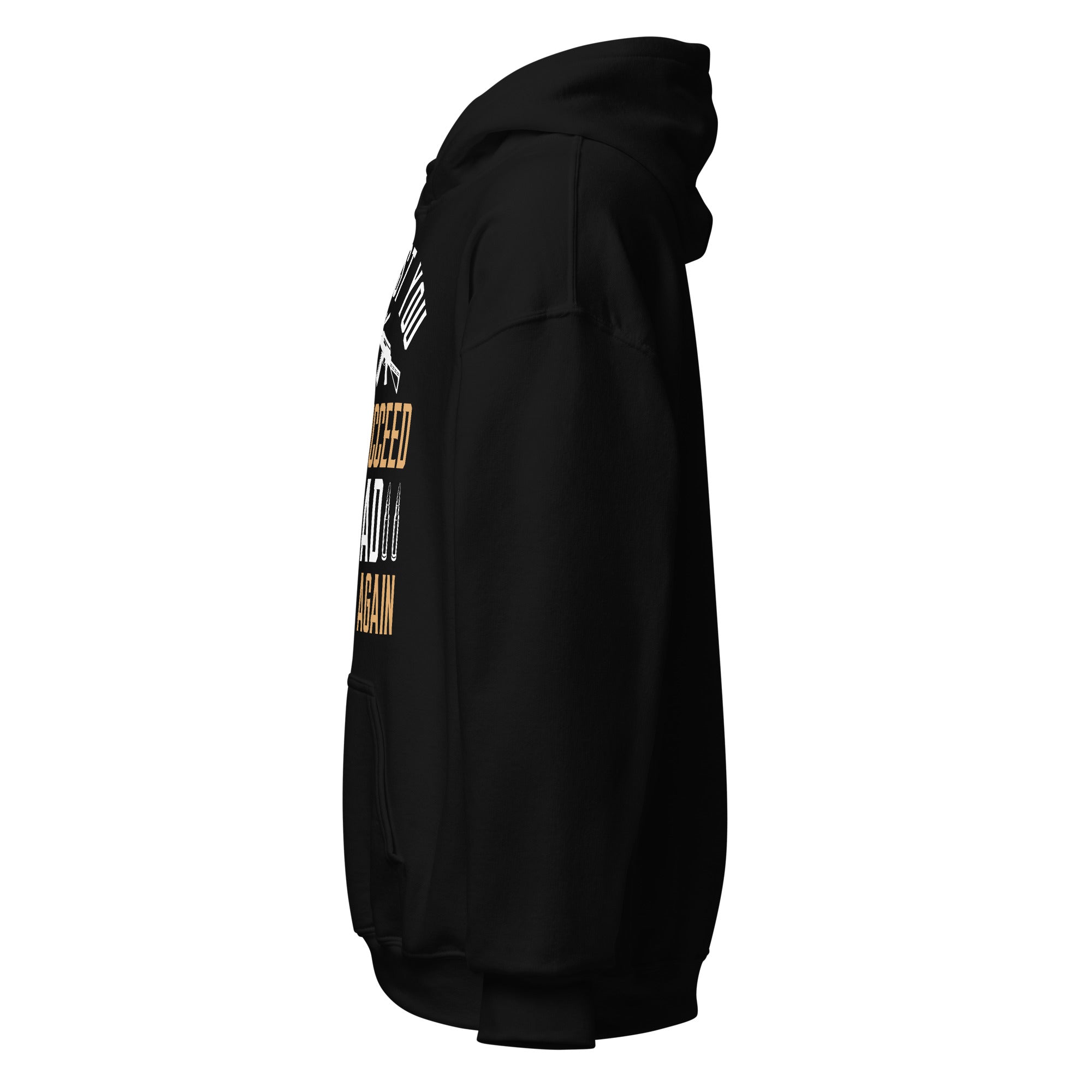 Black Reload and Try Again graphic hoodie, left side view